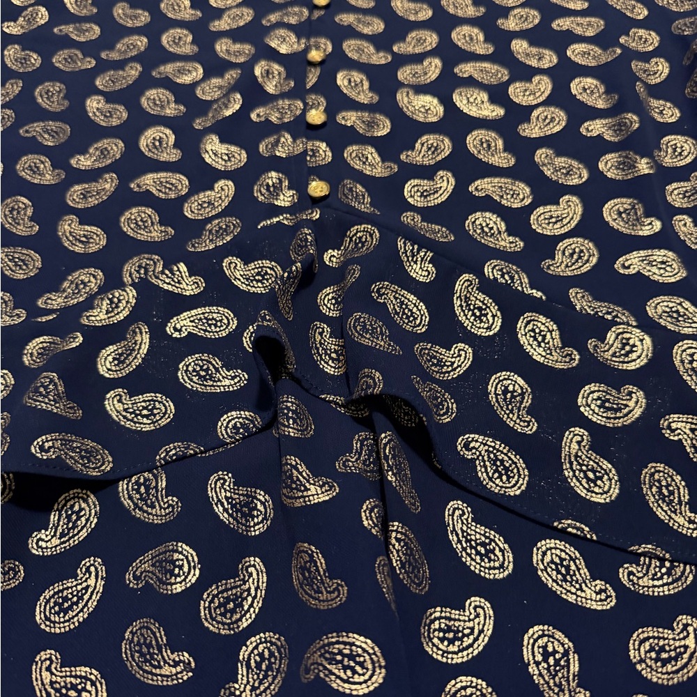 Michael Kors V Neck Navy and Gold Paisley Blouse - Picture 2 of 8